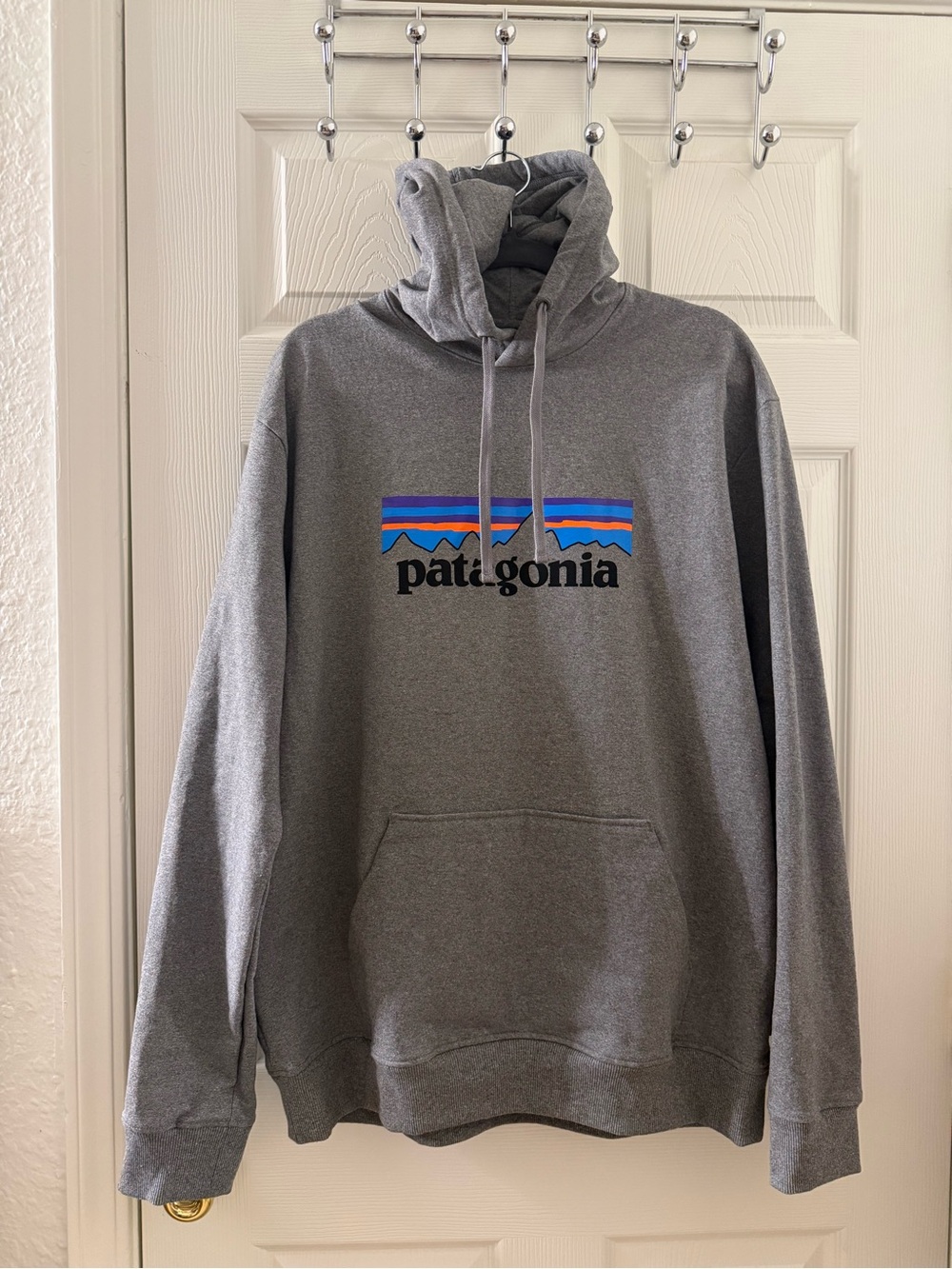 Patagonia Gray Hoodie with Blue & Purple Logo